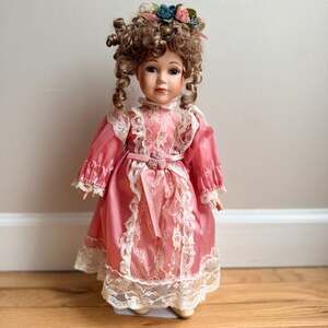 Vintage Porcelain Doll in Pink Satin and Lace Victorian Style Dress